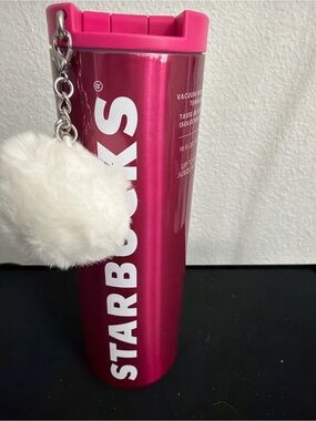 Starbucks Hot Pink Metallic Tumbler with White Pom Charm 16oz